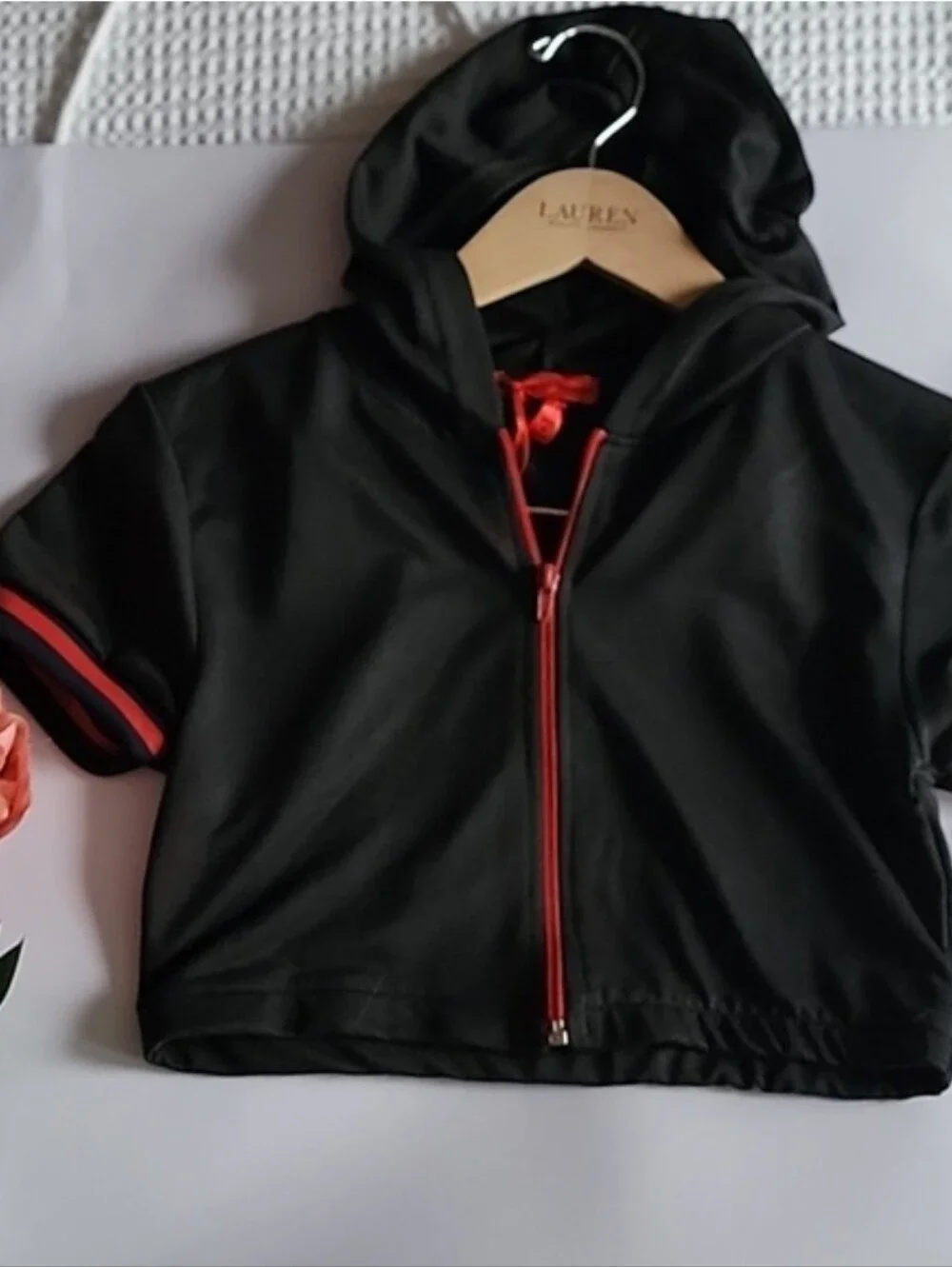 New Black & Red Stripes Short Sleeve Hoodie & Shorts Set